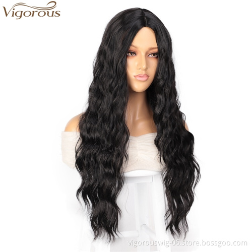 Vigorous Cheap Top Quality Long Black Wavy Wig  Middle Part Synthetic Wig For Black White Women Heat Resistant Wholesale Price